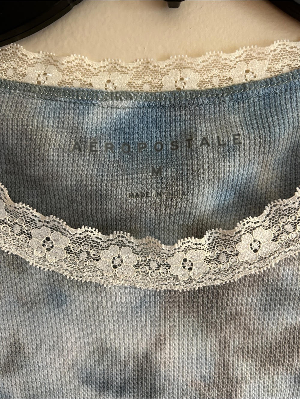 Blue and Gray Tie-Dye Short Sleeve Tee with Lace Trim - Picture 2 of 3